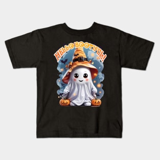 Halloween Hello Bootiful! Cute Friendly Ghost Wearing Witch Hat, Pumpkin, Bats Kids T-Shirt